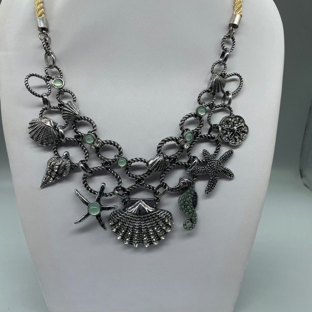 Charming Charlie Silver Tone Nautical Starfish Seahorse Statement Bib Necklace